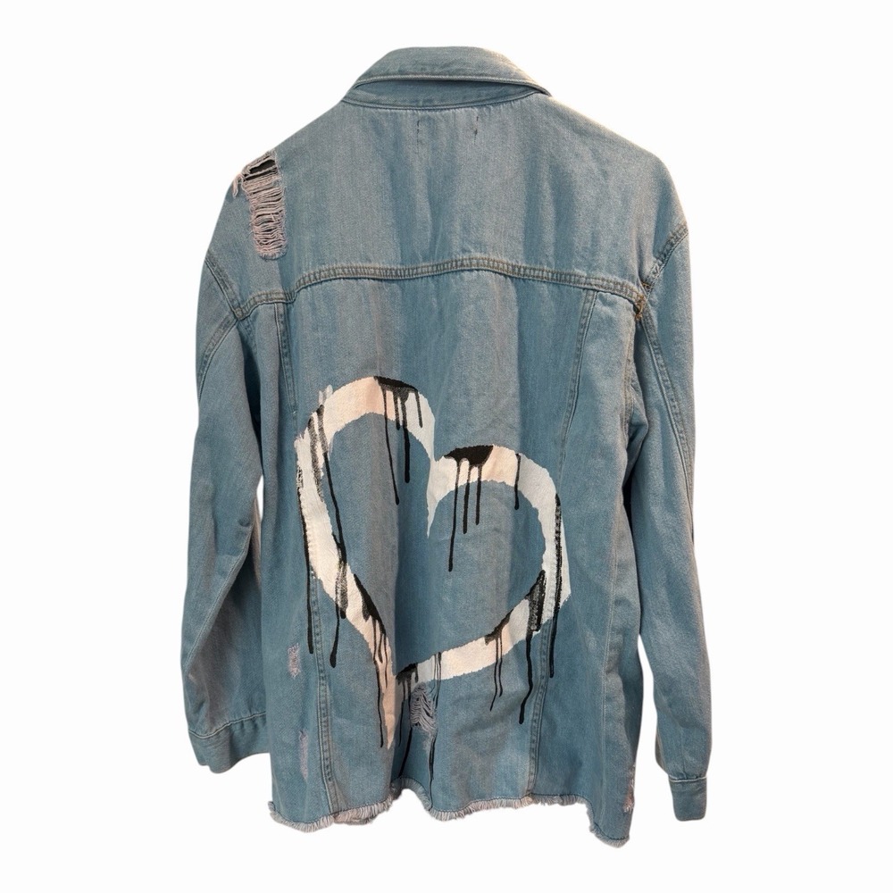 Spoon Jeans XL Distressed Denim Jacket Graphic Heart Painted Oversized Shacket